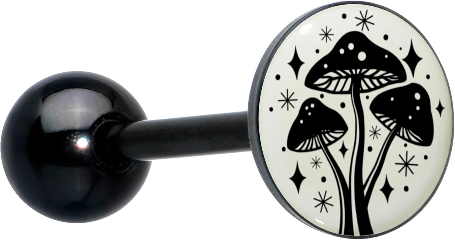 Body Candy 14G Women 316L Stainless Steel Black Glow in the Dark Mystic Mushroom Mens Barbell Tongue Ring Body Piercing Jewelry 5/8