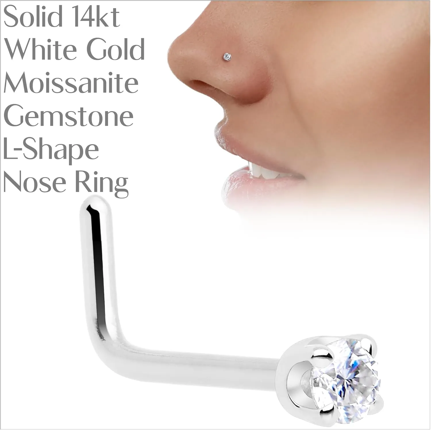 Body Candy 14k Solid Gold Nose Ring Studs -2mm Moissanite L-Shape 18 Gauge 20 Gauge Real Gold Nose Ring Piercing Jewelry - 14 K Gold Nose Stud, Nose Piercings, Gold Nose Studs for Women, Men