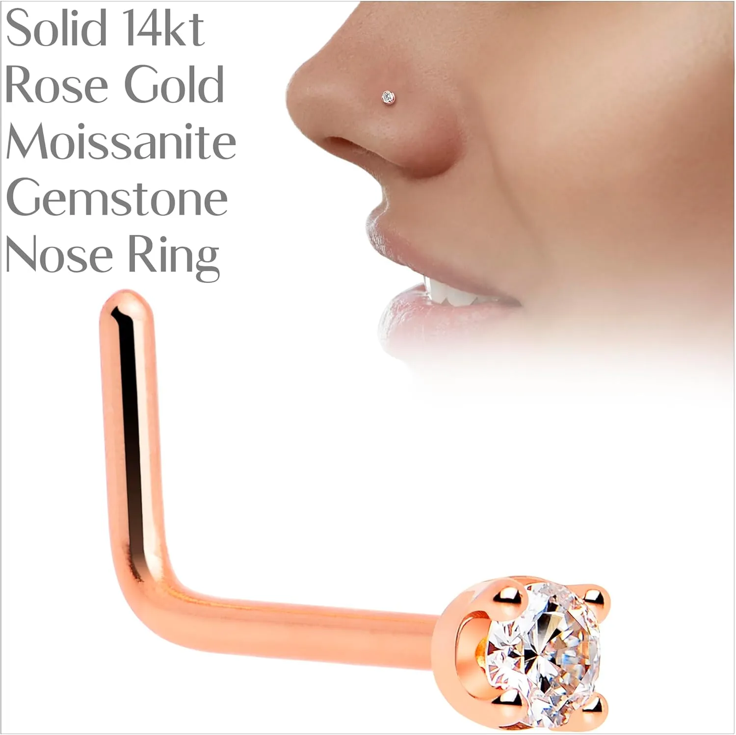 Body Candy 14k Solid Gold Nose Ring Studs -2mm Moissanite L-Shape 18 Gauge 20 Gauge Real Gold Nose Ring Piercing Jewelry - 14 K Gold Nose Stud, Nose Piercings, Gold Nose Studs for Women, Men