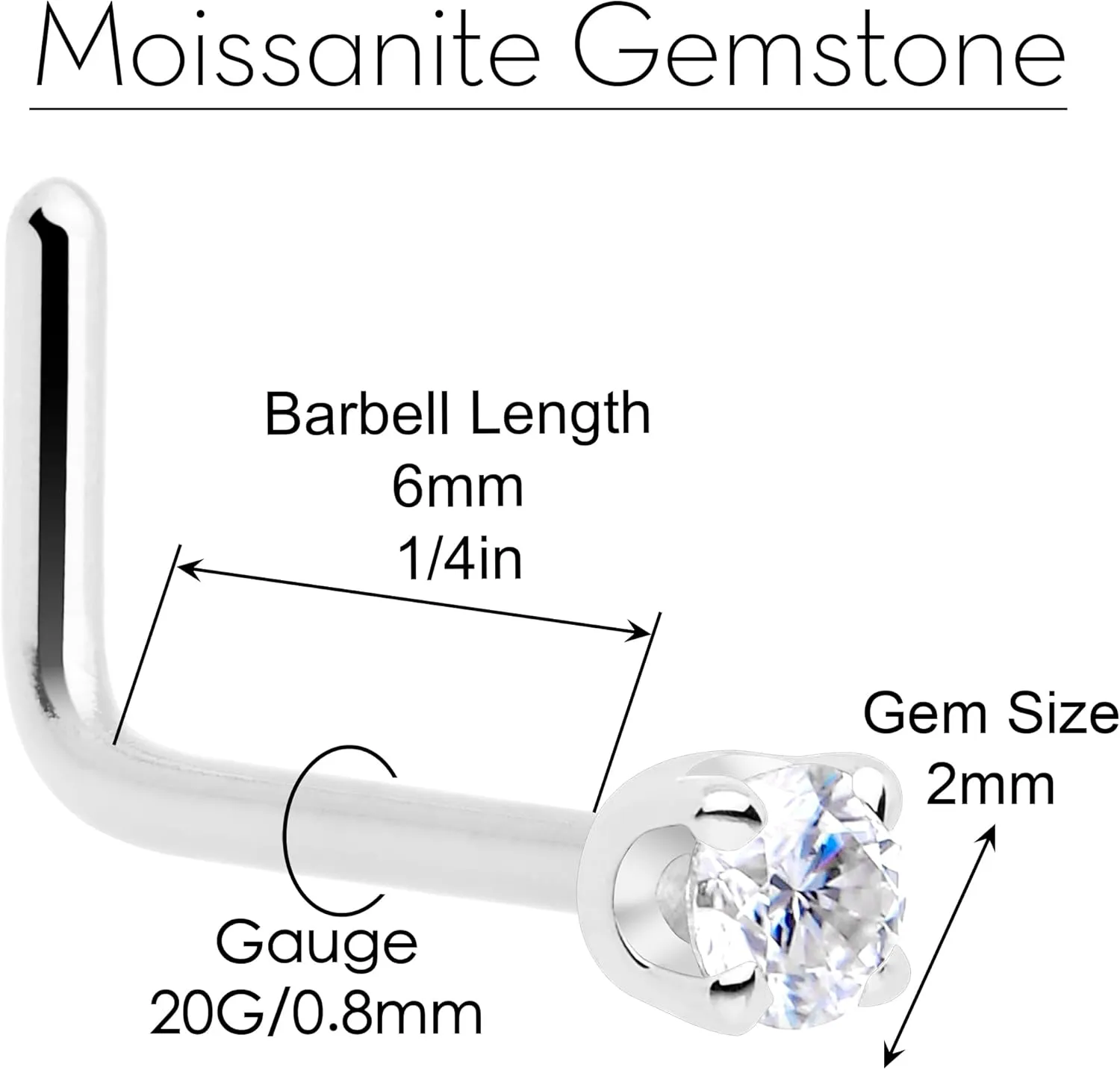 Body Candy 14k Solid Gold Nose Ring Studs -2mm Moissanite L-Shape 18 Gauge 20 Gauge Real Gold Nose Ring Piercing Jewelry - 14 K Gold Nose Stud, Nose Piercings, Gold Nose Studs for Women, Men
