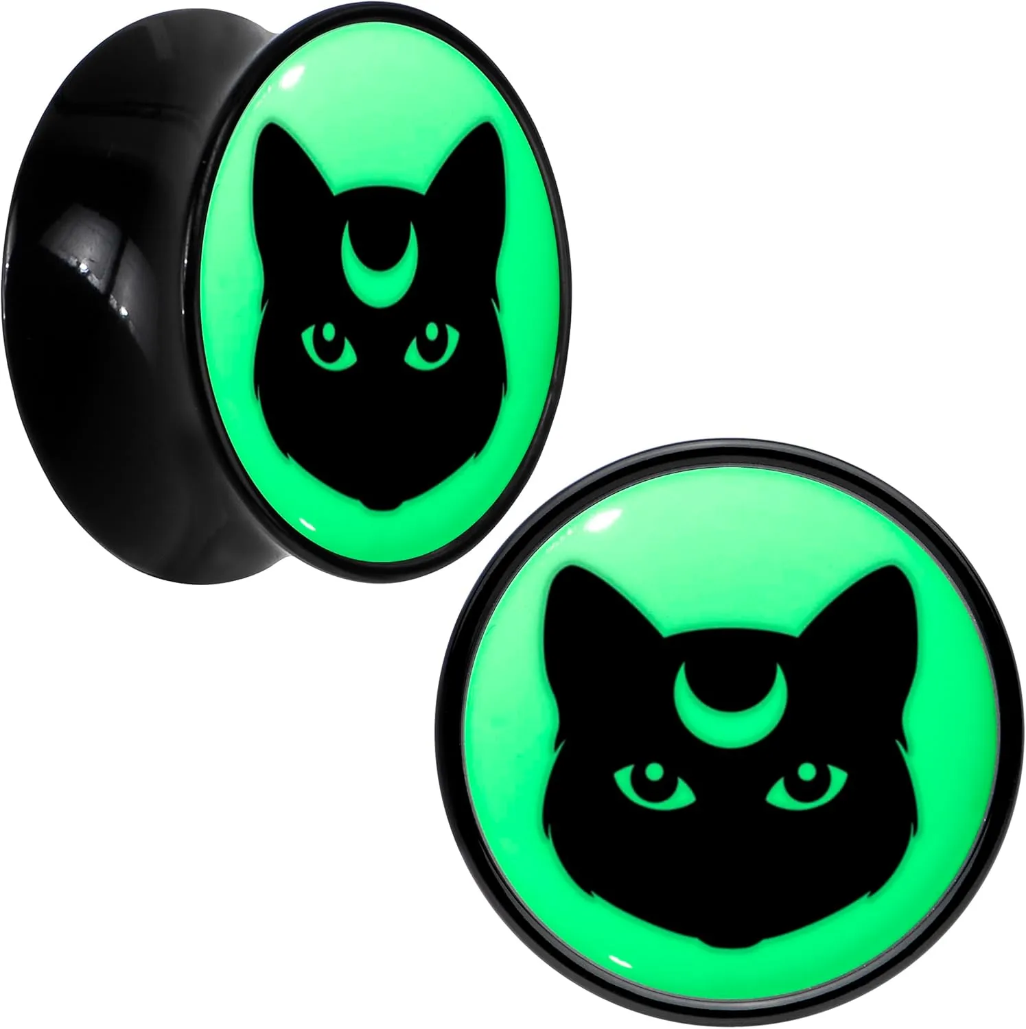 Body Candy 2PC Black Acrylic Glow in the Dark Mystic Kitty Cat Saddle Plugs Double Flare Plug Ear Plug Gauges