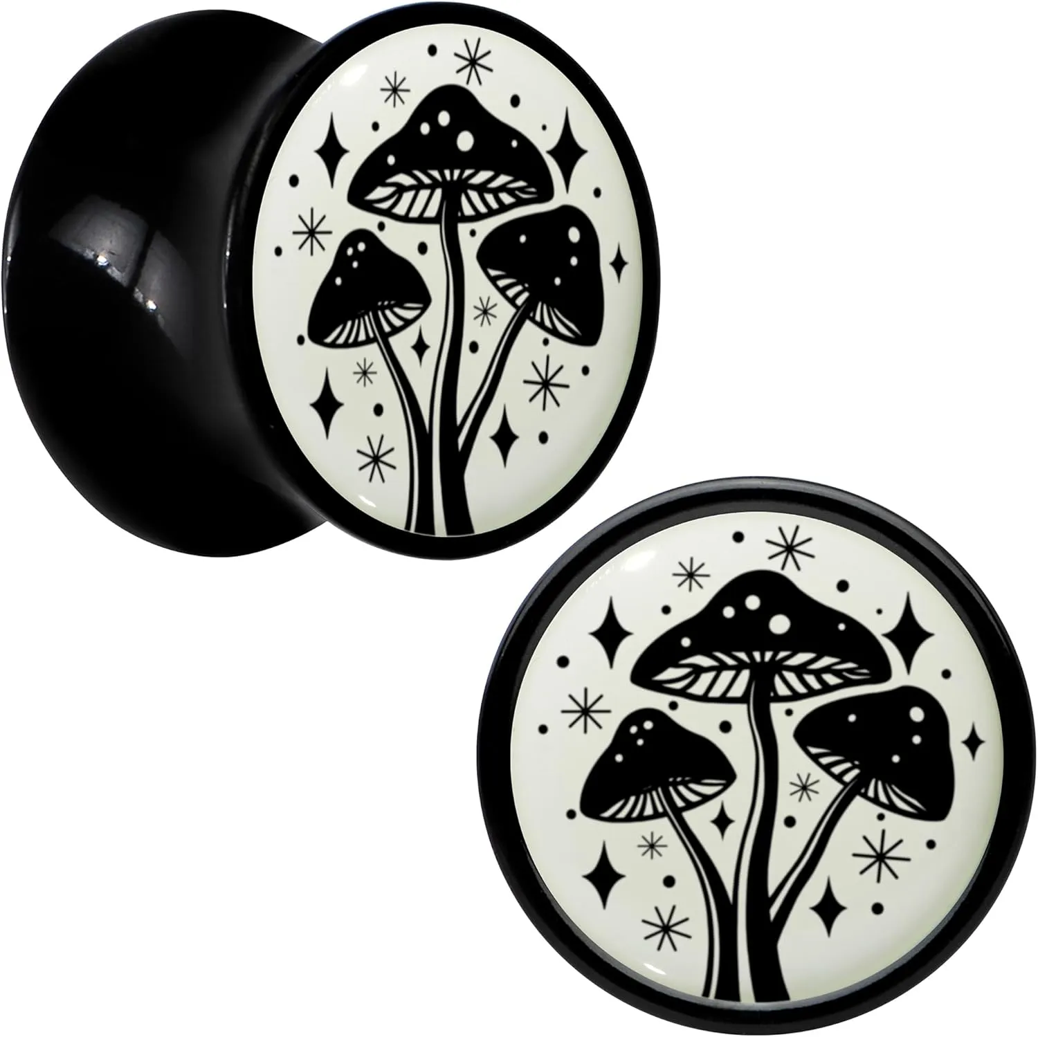 Body Candy 2PC Black Acrylic Glow in the Dark Mystic Mushroom Saddle Plugs Double Flare Plug Ear Plug Gauges