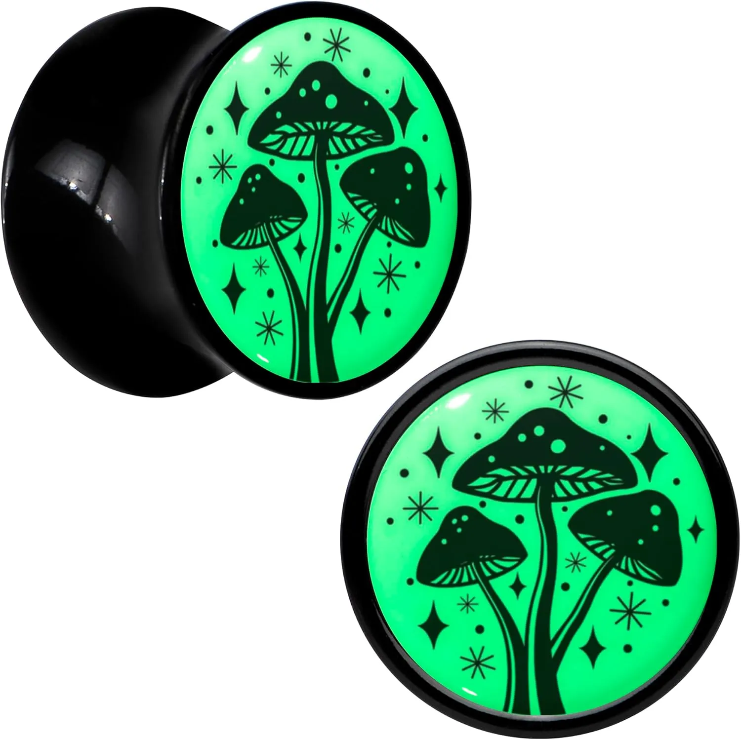 Body Candy 2PC Black Acrylic Glow in the Dark Mystic Mushroom Saddle Plugs Double Flare Plug Ear Plug Gauges