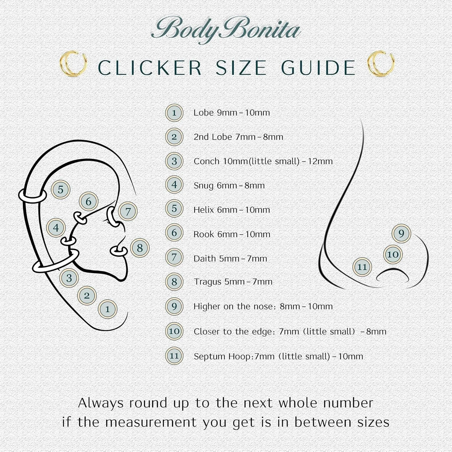 BodyBonita Clear CZ Nose Rings Hoop - 316L Surgical Steel Body Piercing Hoop Clicker 20G/18G/16G Earrings Jewelry Cartilage Helix Rook Tragus Conch Daith Ring 6/7/8/9/10/11/12mm - Gold/Silver/Black