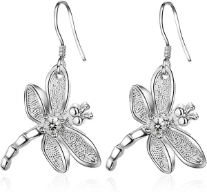 Bohemian Sterling Silver Women Vivid Animals Small Dragonfly Pendant Drop Dangle Earrings For Women Jewelry