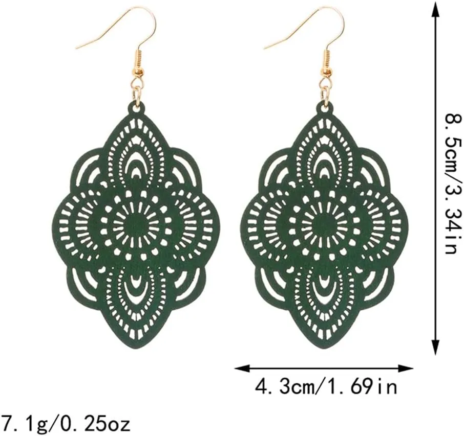 Bohemian Wood Earrings Natural Retro Lightweight Hollow Pattern Geometric Wooden Dangle Drop Earrings Statement Vintage Jewelry