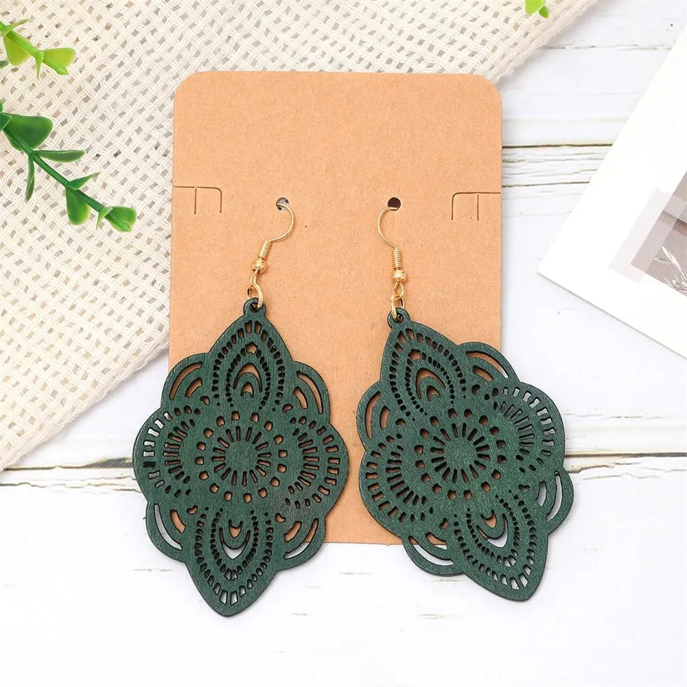 Bohemian Wood Earrings Natural Retro Lightweight Hollow Pattern Geometric Wooden Dangle Drop Earrings Statement Vintage Jewelry