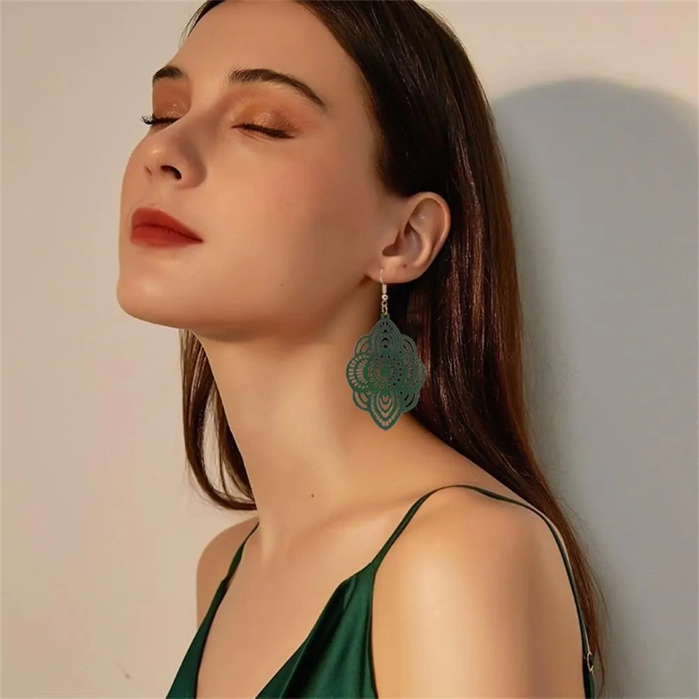 Bohemian Wood Earrings Natural Retro Lightweight Hollow Pattern Geometric Wooden Dangle Drop Earrings Statement Vintage Jewelry