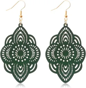 Bohemian Wood Earrings Natural Retro Lightweight Hollow Pattern Geometric Wooden Dangle Drop Earrings Statement Vintage Jewelry