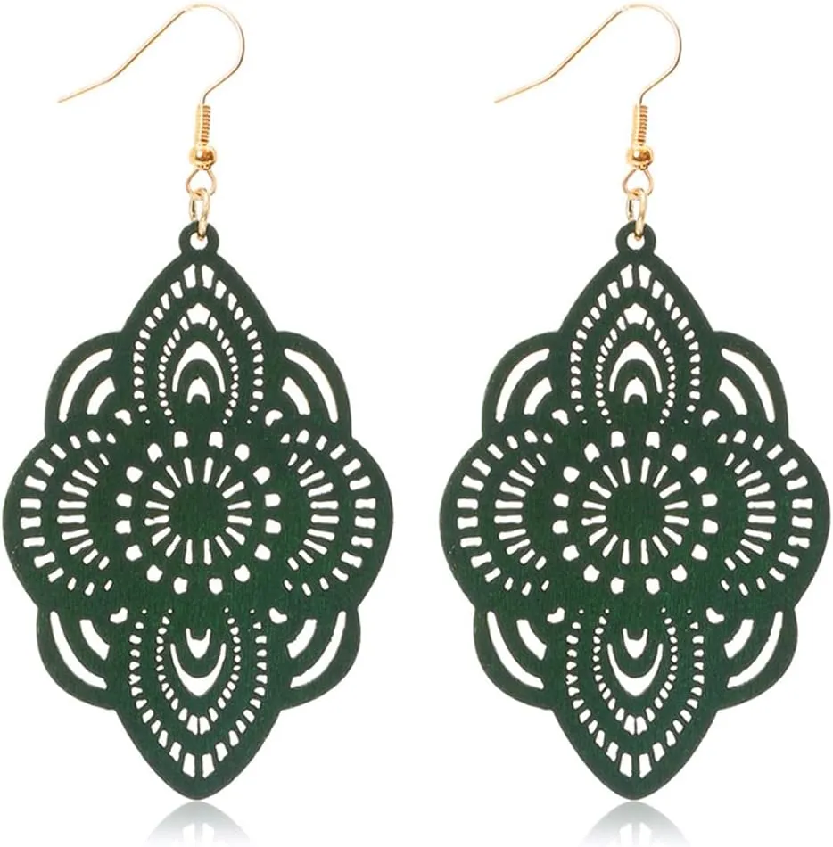 Bohemian Wood Earrings Natural Retro Lightweight Hollow Pattern Geometric Wooden Dangle Drop Earrings Statement Vintage Jewelry