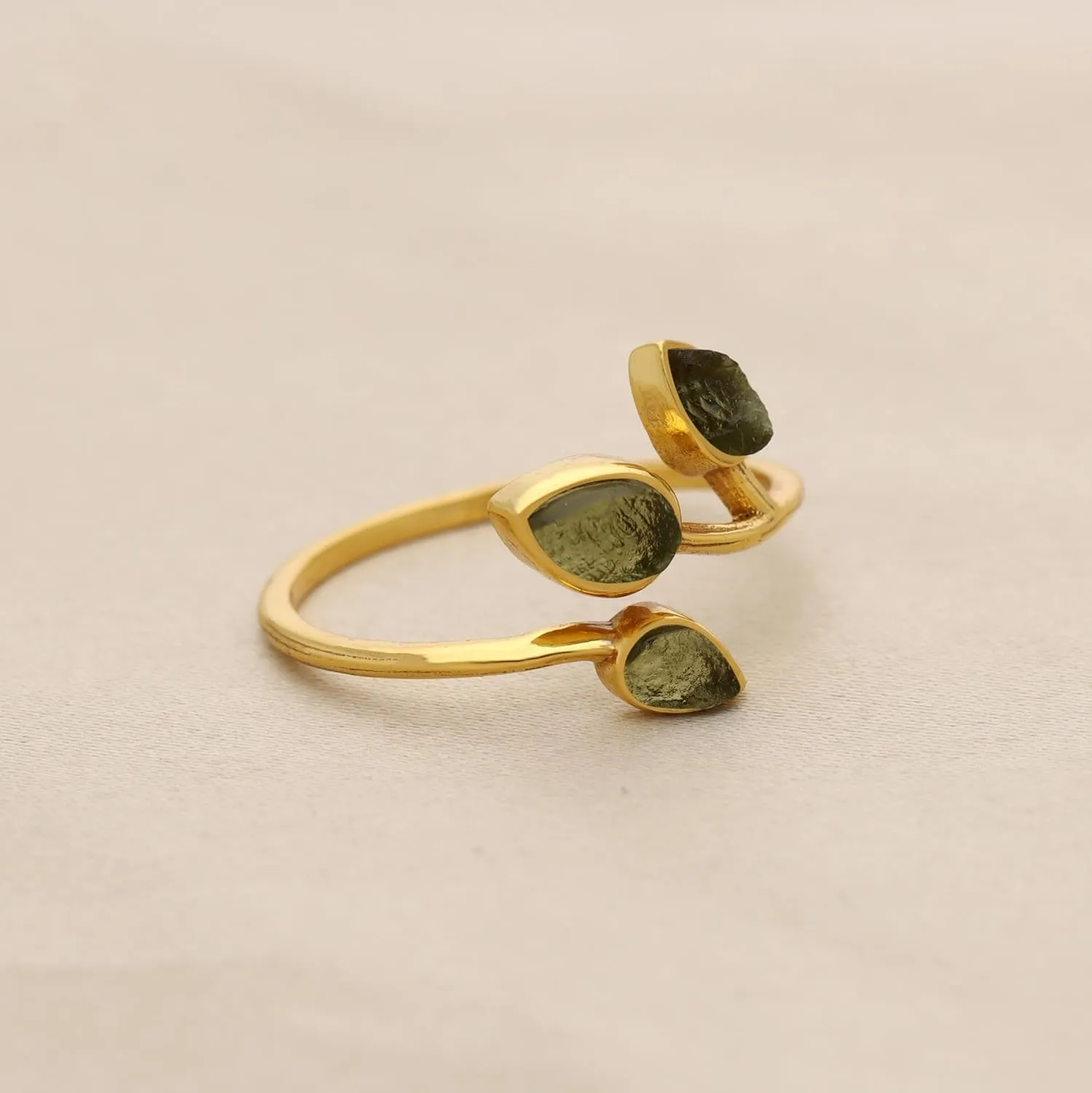 BONITO CREATION Authentic Raw Moldavite Ring Sterling Silver Adjustable Ring 14K Gold Plating Moldavite Ring Czech Republic Healing Tektite Moldavite Ring For Women Jewelry Gift For Her