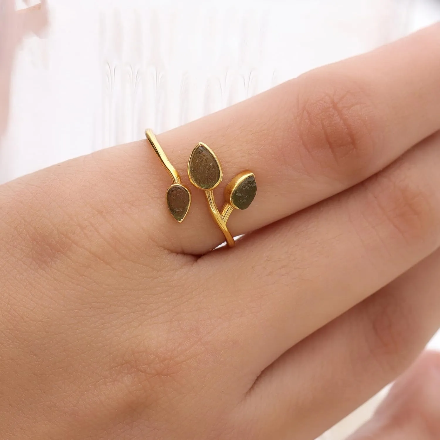 BONITO CREATION Authentic Raw Moldavite Ring Sterling Silver Adjustable Ring 14K Gold Plating Moldavite Ring Czech Republic Healing Tektite Moldavite Ring For Women Jewelry Gift For Her