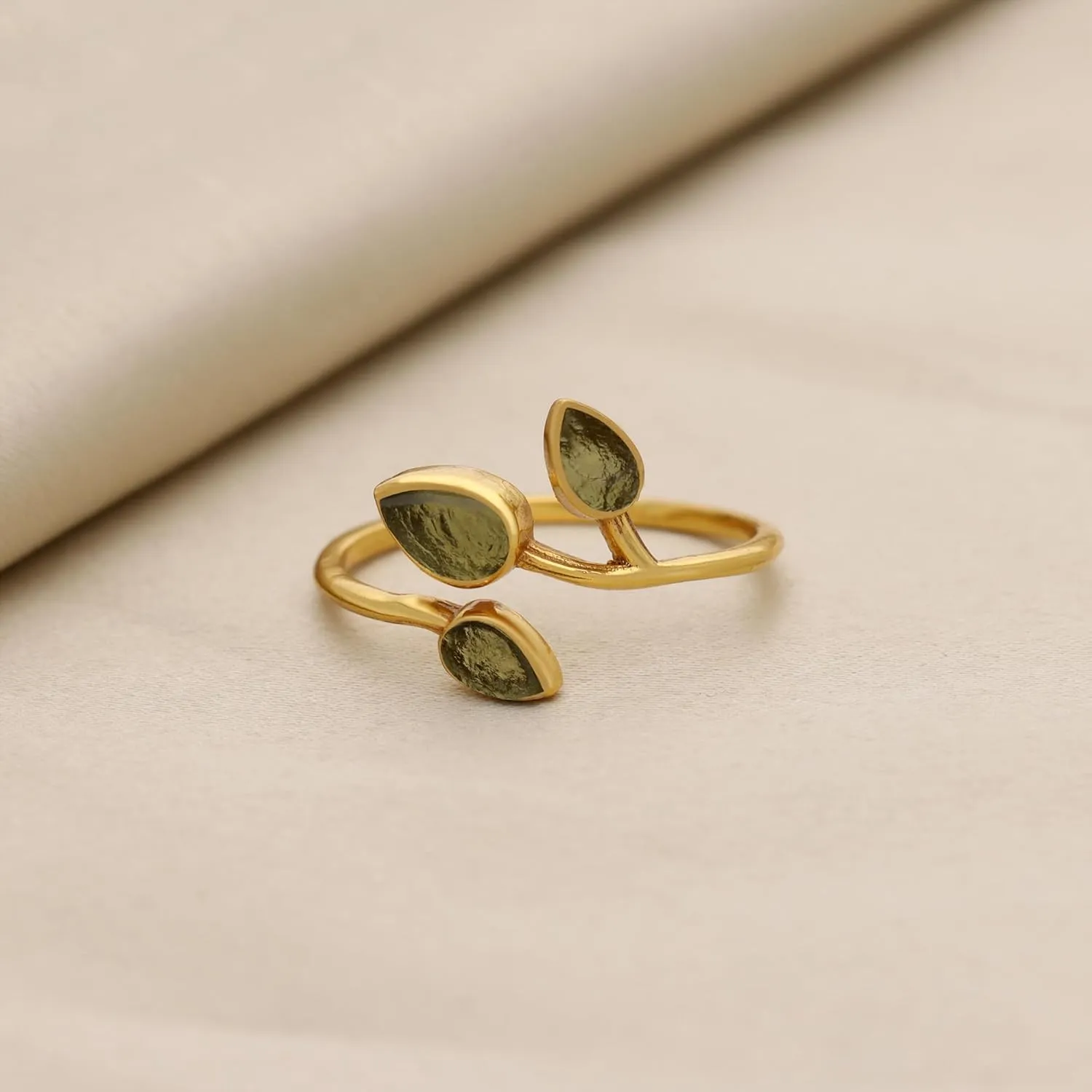 BONITO CREATION Authentic Raw Moldavite Ring Sterling Silver Adjustable Ring 14K Gold Plating Moldavite Ring Czech Republic Healing Tektite Moldavite Ring For Women Jewelry Gift For Her