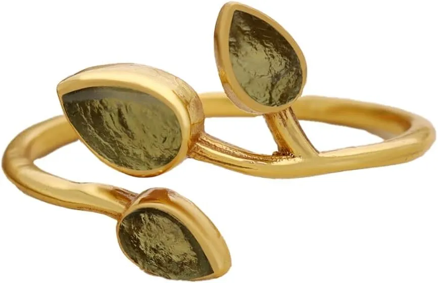 BONITO CREATION Authentic Raw Moldavite Ring Sterling Silver Adjustable Ring 14K Gold Plating Moldavite Ring Czech Republic Healing Tektite Moldavite Ring For Women Jewelry Gift For Her