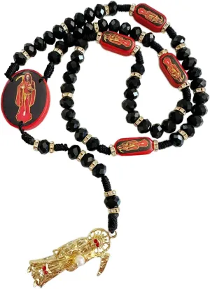 BONITTER Black Holy Death's Necklace Wooden Santa Muerte Necklace Red Rosaries Beads Blessing Crafted Rosario de la santa muerte Prayer Gift For Women Men