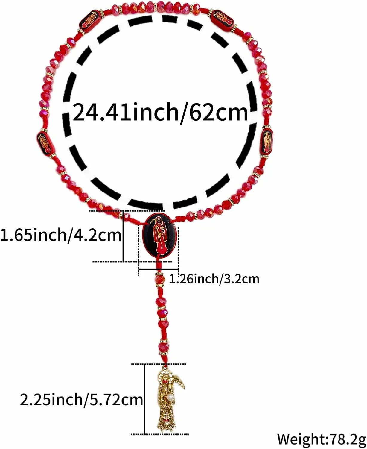 BONITTER Black Holy Death's Necklace Wooden Santa Muerte Necklace Red Rosaries Beads Blessing Crafted Rosario de la santa muerte Prayer Gift For Women Men