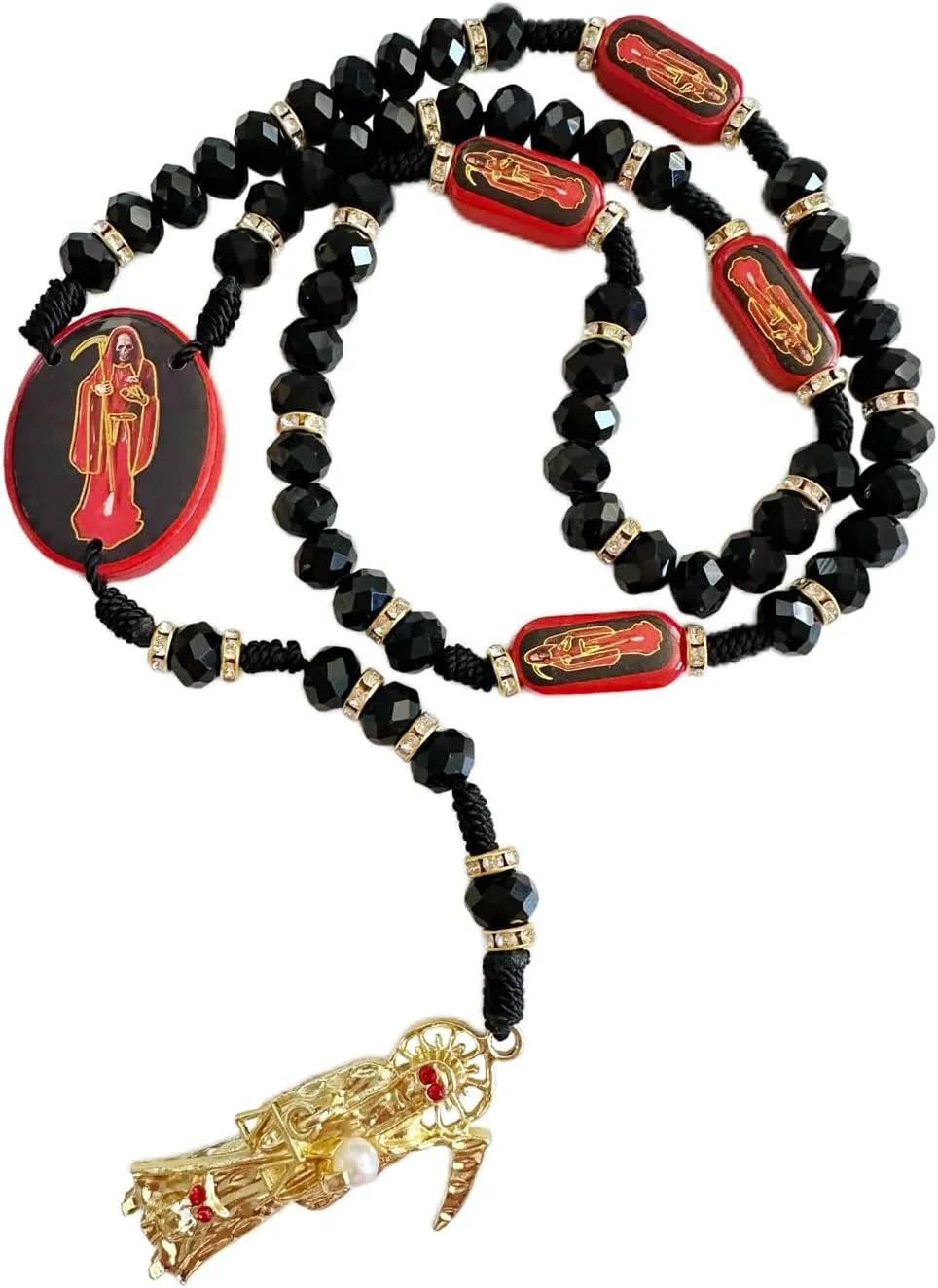 BONITTER Black Holy Death's Necklace Wooden Santa Muerte Necklace Red Rosaries Beads Blessing Crafted Rosario de la santa muerte Prayer Gift For Women Men