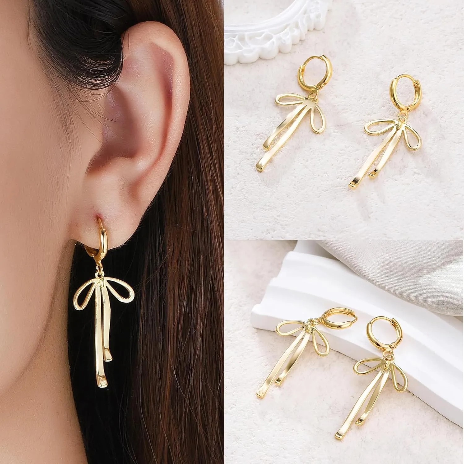 Bow Hoop Earrings for Women Gold Bow Earrings Bowknot Dangle Earrings Trendy Bow Huggie Hoop Earrings Classy Gold Ribbon Bow Tie Earrings Wedding Prom Party Jewelry Accessories