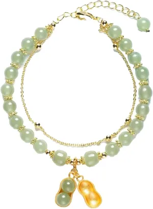 Bracelet Double Chain Jade Imitation Bracelet Retro Elegant Hand Jewelry Female Weird Earrings Set (A, One Size)