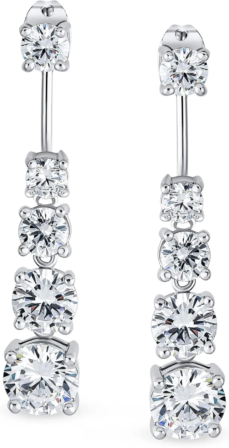 Bridal Prom Round Bubble Bezel Set AAA CZ Cubic Zirconia Linear Drop Love Is A Journey Wedding Pearl Earrings Jacket For Women .925 Sterling Silver