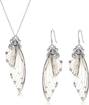 BriLove Butterfly Wing Jewelry Set Elegant Crystal Insect Dragonfly Pendant Necklace Drop Dangle Earrings for Women