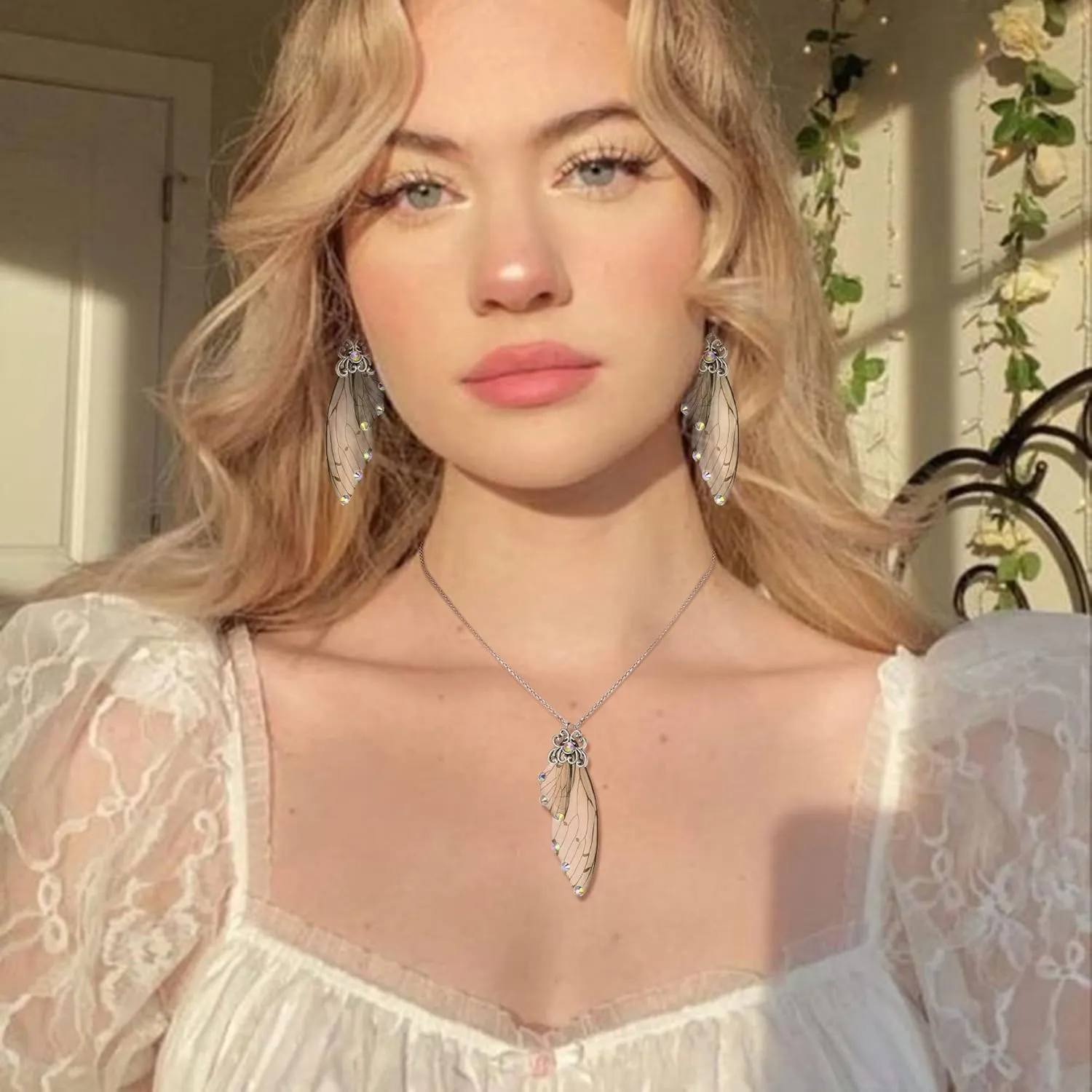 BriLove Butterfly Wing Jewelry Set Elegant Crystal Insect Dragonfly Pendant Necklace Drop Dangle Earrings for Women