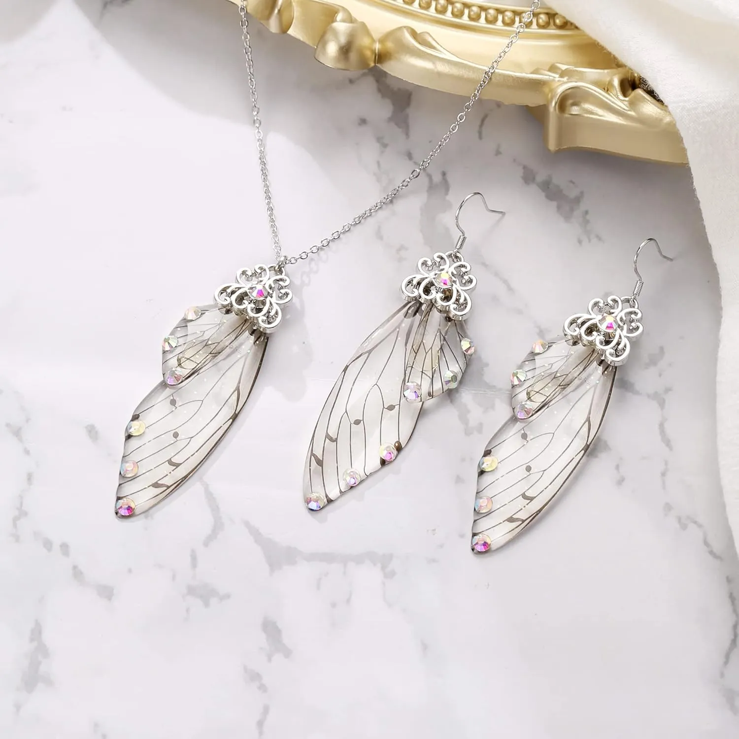 BriLove Butterfly Wing Jewelry Set Elegant Crystal Insect Dragonfly Pendant Necklace Drop Dangle Earrings for Women