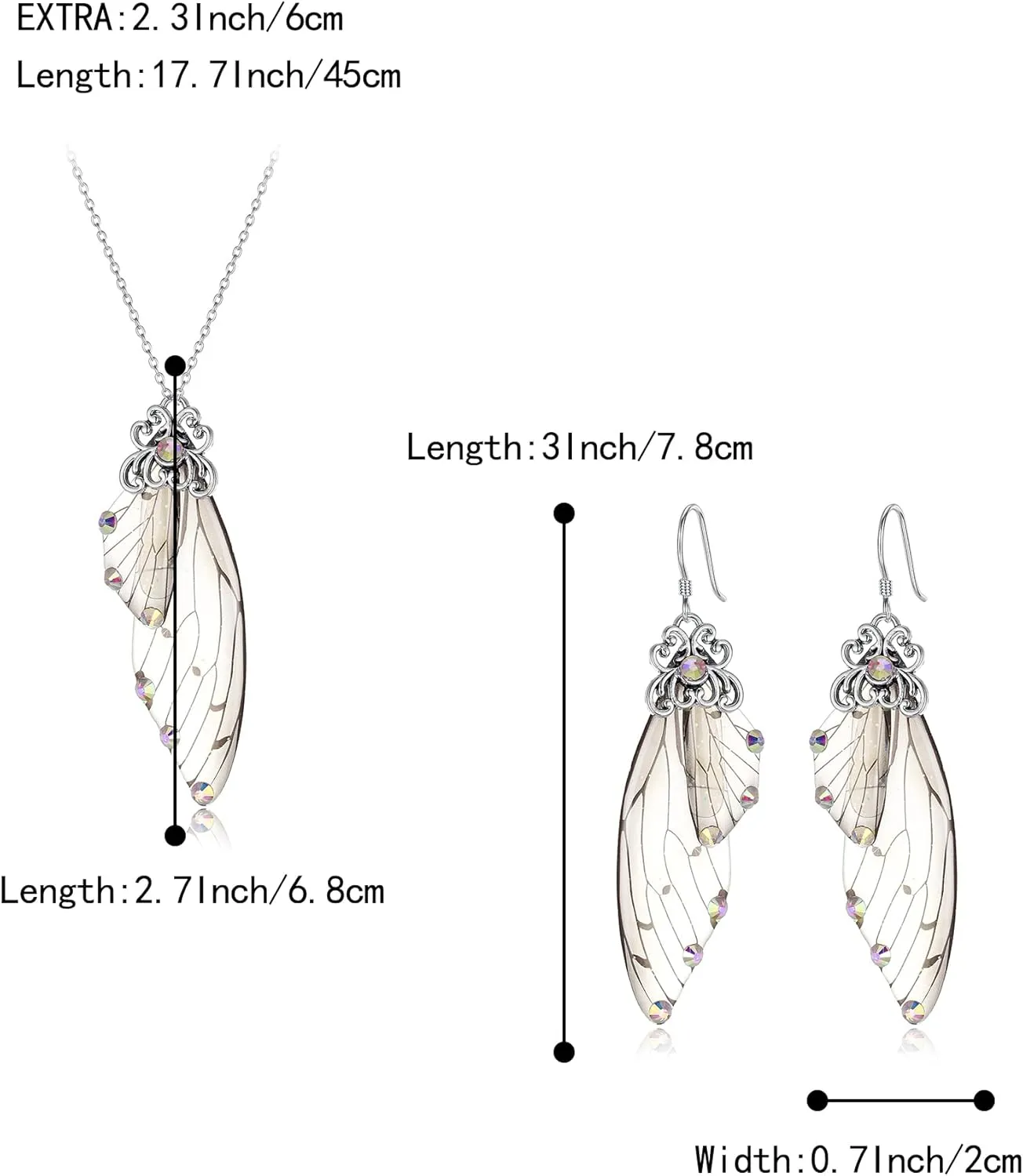 BriLove Butterfly Wing Jewelry Set Elegant Crystal Insect Dragonfly Pendant Necklace Drop Dangle Earrings for Women