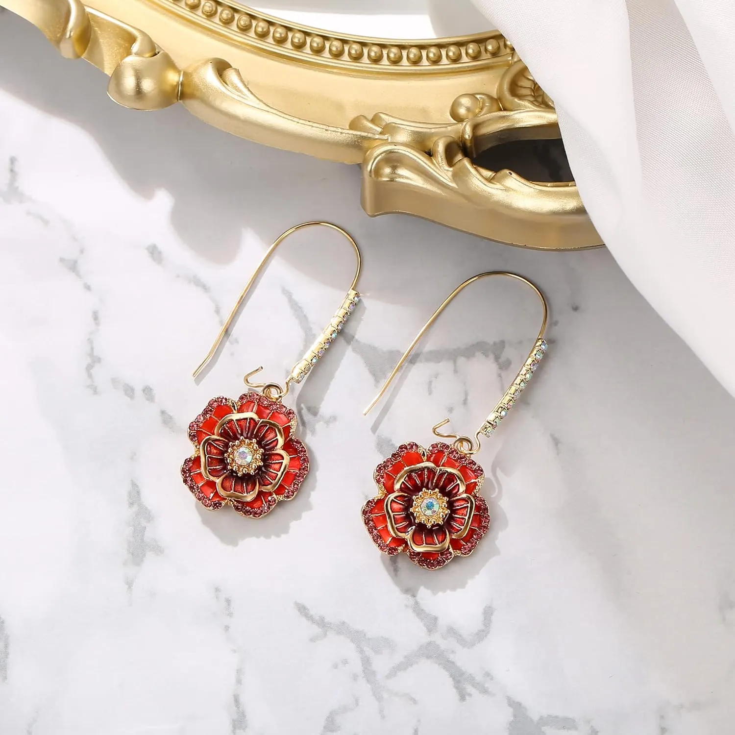 BriLove Fashion Elegant Rhinestone Enamel Rose Flower Hook Dangle Earrings for Women Party Prom Earring Accessories