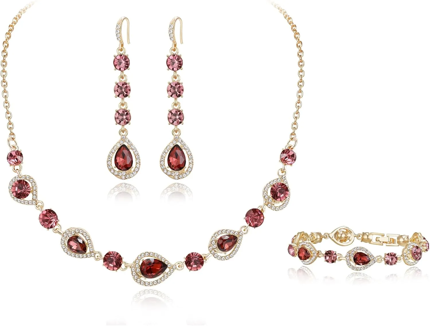 BriLove Sparkly Elegant Rhinestone Teardrop Necklace Bracelet Leverback Earrings Jewelry Set for Women Wedding Prom Dress