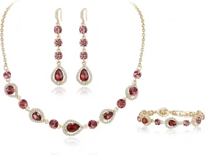 BriLove Sparkly Elegant Rhinestone Teardrop Necklace Bracelet Leverback Earrings Jewelry Set for Women Wedding Prom Dress