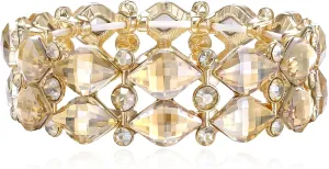 BriLove Wedding Bridal Elegant Crystal Double Row Teardrop Cluster Stretch Bangle Bracelet for Bride