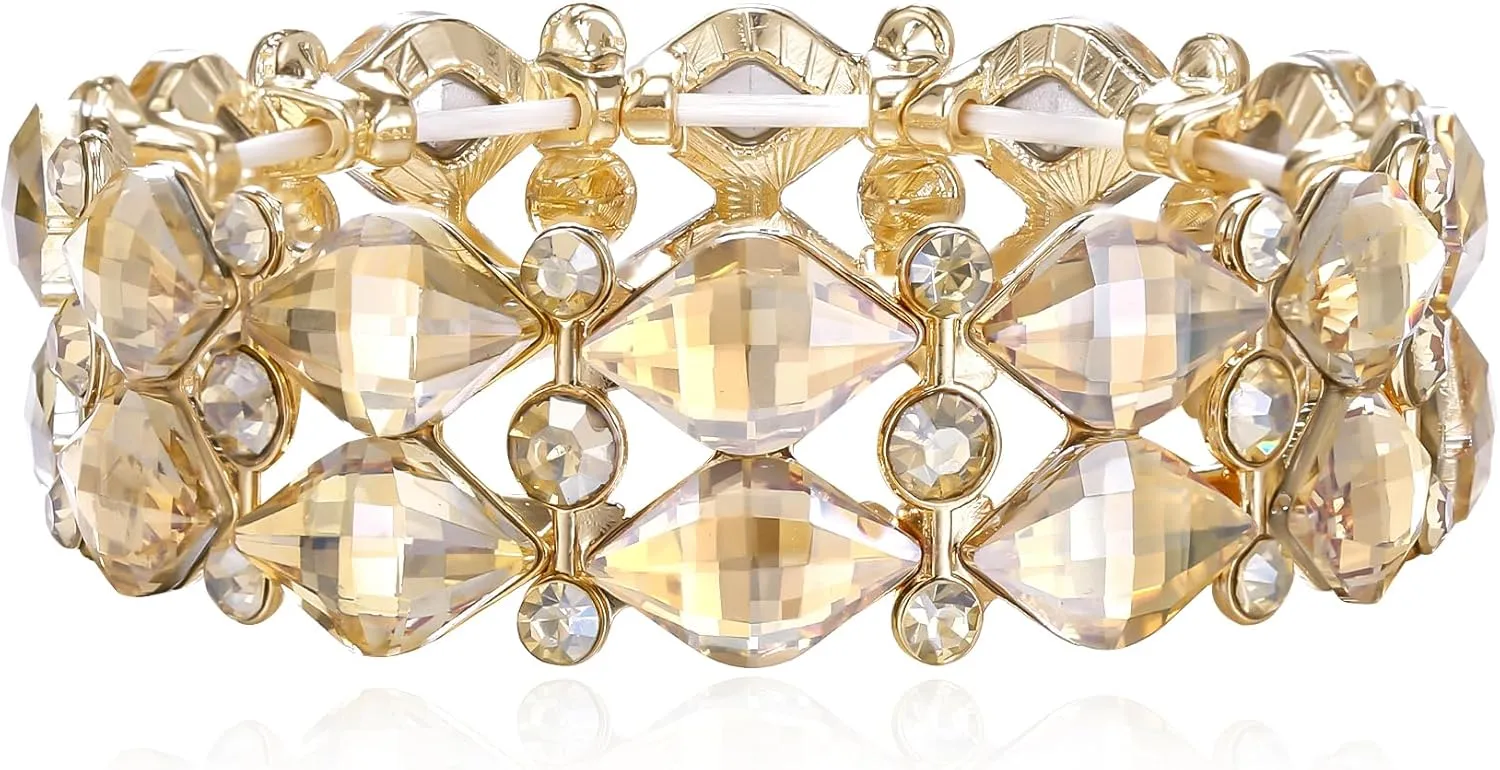 BriLove Wedding Bridal Elegant Crystal Double Row Teardrop Cluster Stretch Bangle Bracelet for Bride