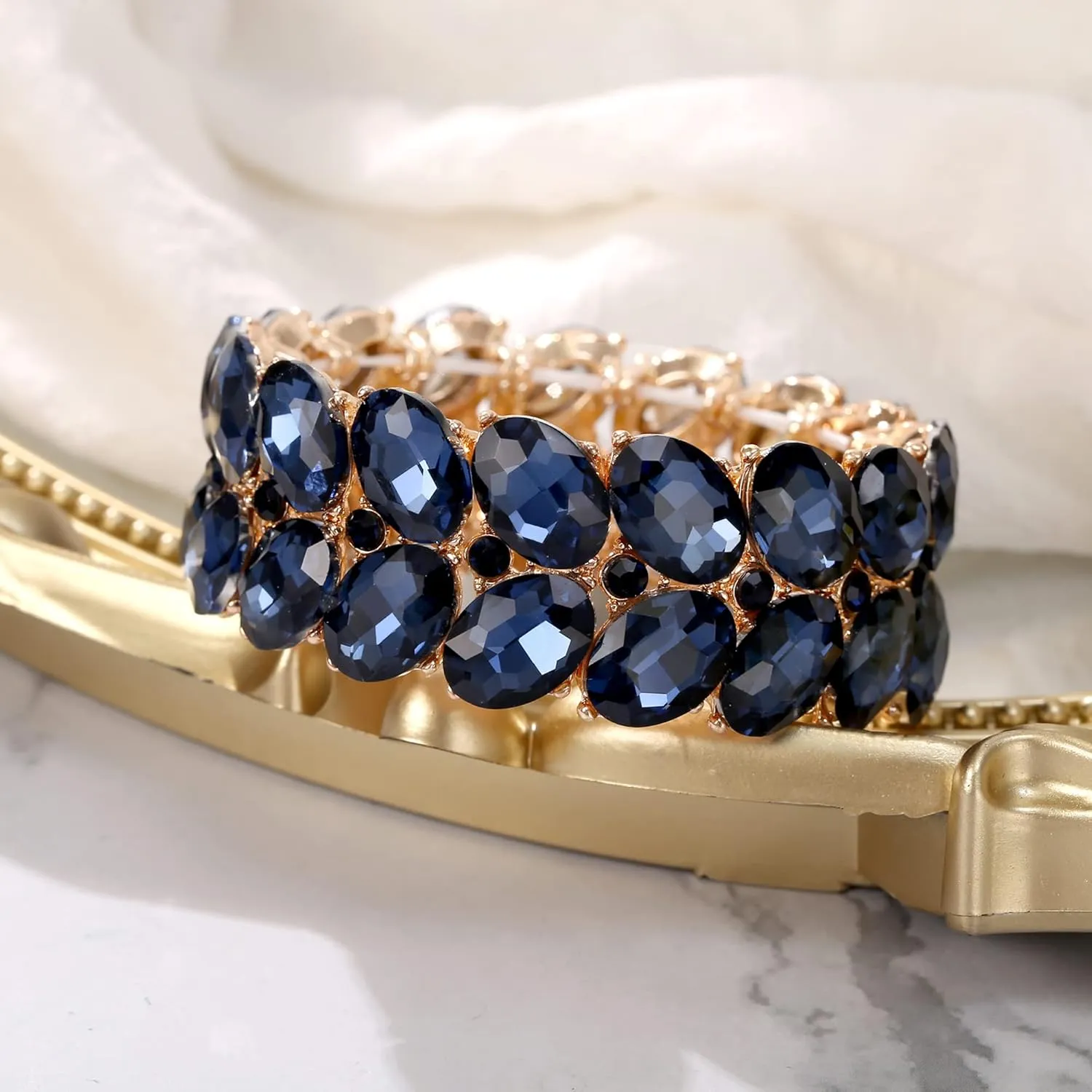 BriLove Wedding Bridal Elegant Crystal Double Row Teardrop Rhinestones Cluster Stretch Bangle Bracelet for Bride