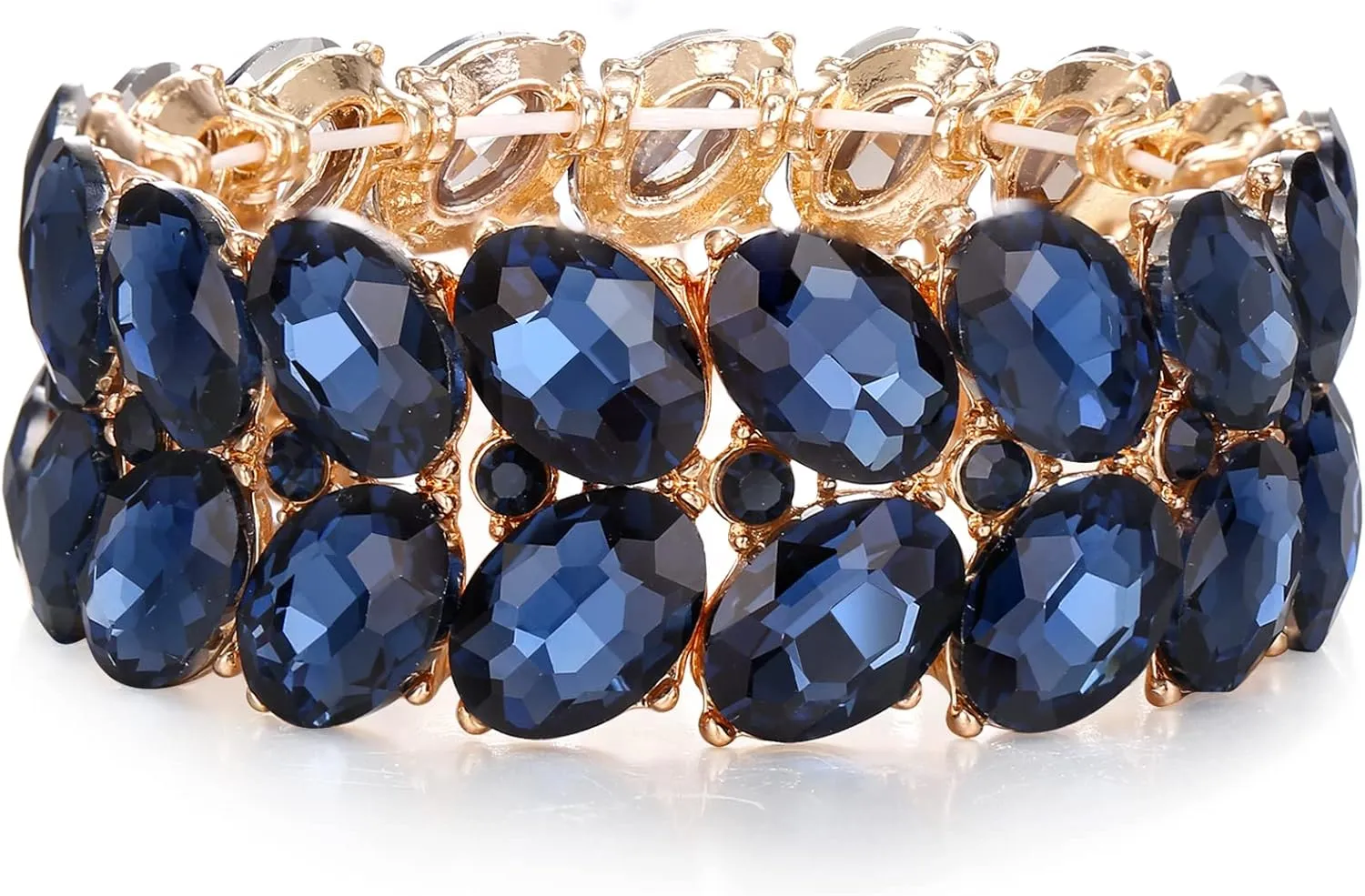 BriLove Wedding Bridal Elegant Crystal Double Row Teardrop Rhinestones Cluster Stretch Bangle Bracelet for Bride
