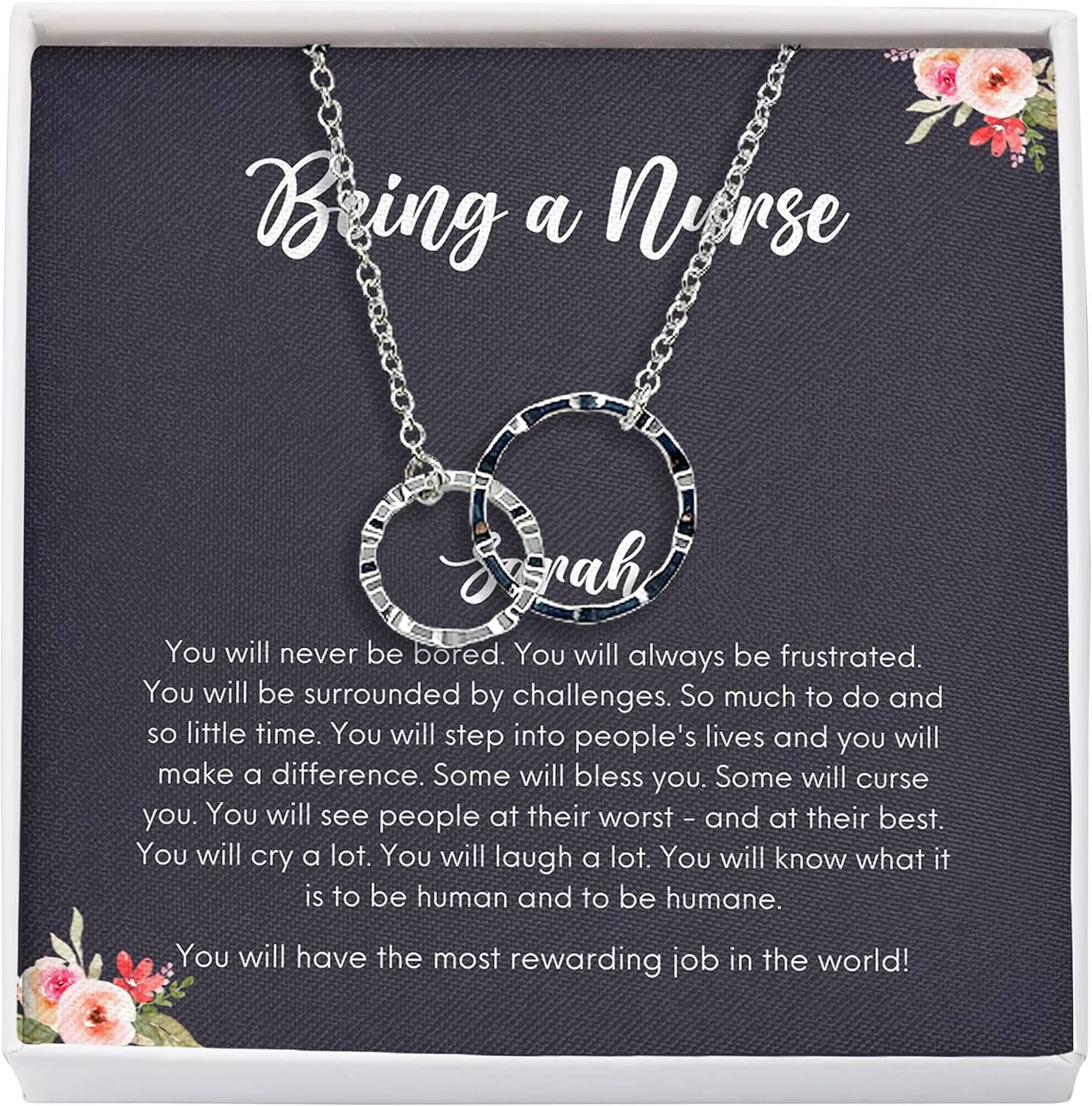 Bubble Hugs Personalized Nurse Necklace Silver Plated Interlocking Rings - Being a Nurse - Custom Name Appreciate for Nursing RN CRNA Thank You
