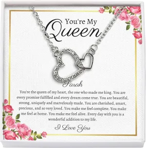 Bubble Hugs Personalized Wife Necklace Silver Plated Interlocking Heart - You're My Queen - Custom Name Anniversary Birthday Relationship Marriage