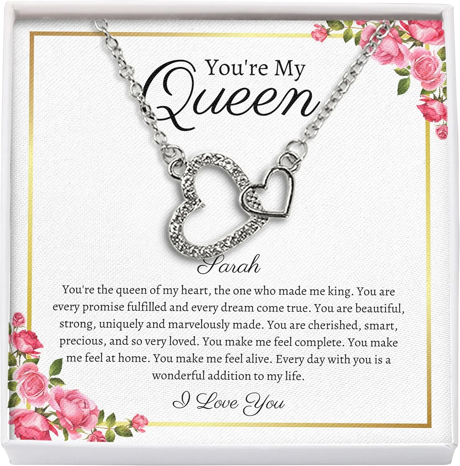 Bubble Hugs Personalized Wife Necklace Silver Plated Interlocking Heart - You're My Queen - Custom Name Anniversary Birthday Relationship Marriage