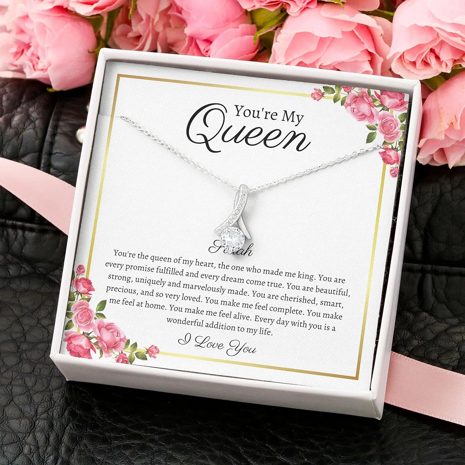 Bubble Hugs Personalized Wife Necklace Silver Plated - You're My Queen - Custom Name Anniversary Birthday Relationship Marriage