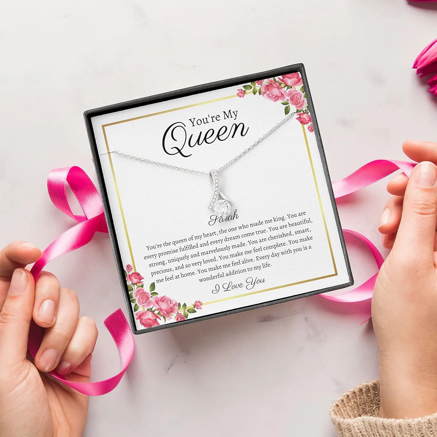 Bubble Hugs Personalized Wife Necklace Silver Plated - You're My Queen - Custom Name Anniversary Birthday Relationship Marriage