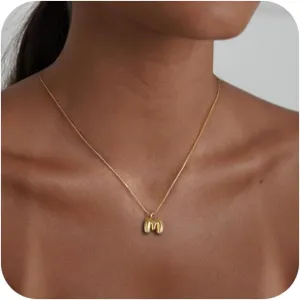 Bubble Letter Necklace Gold,14K Gold Plated Bubble Necklace Dainty Initial Necklaces for Women Simple Gold Charm Necklace Cute Name Necklace Personalized Trendy Jewelry Gifts for Women