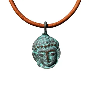 Buddha Head Necklace - Buddhist, Buddhism Jewelry, Green Patina Pendant, Women Accessories, Men Gift, Antique Believes, Enlightening Charm, Good Luck and Peace, Positive Energy, Path of Truth, Buda