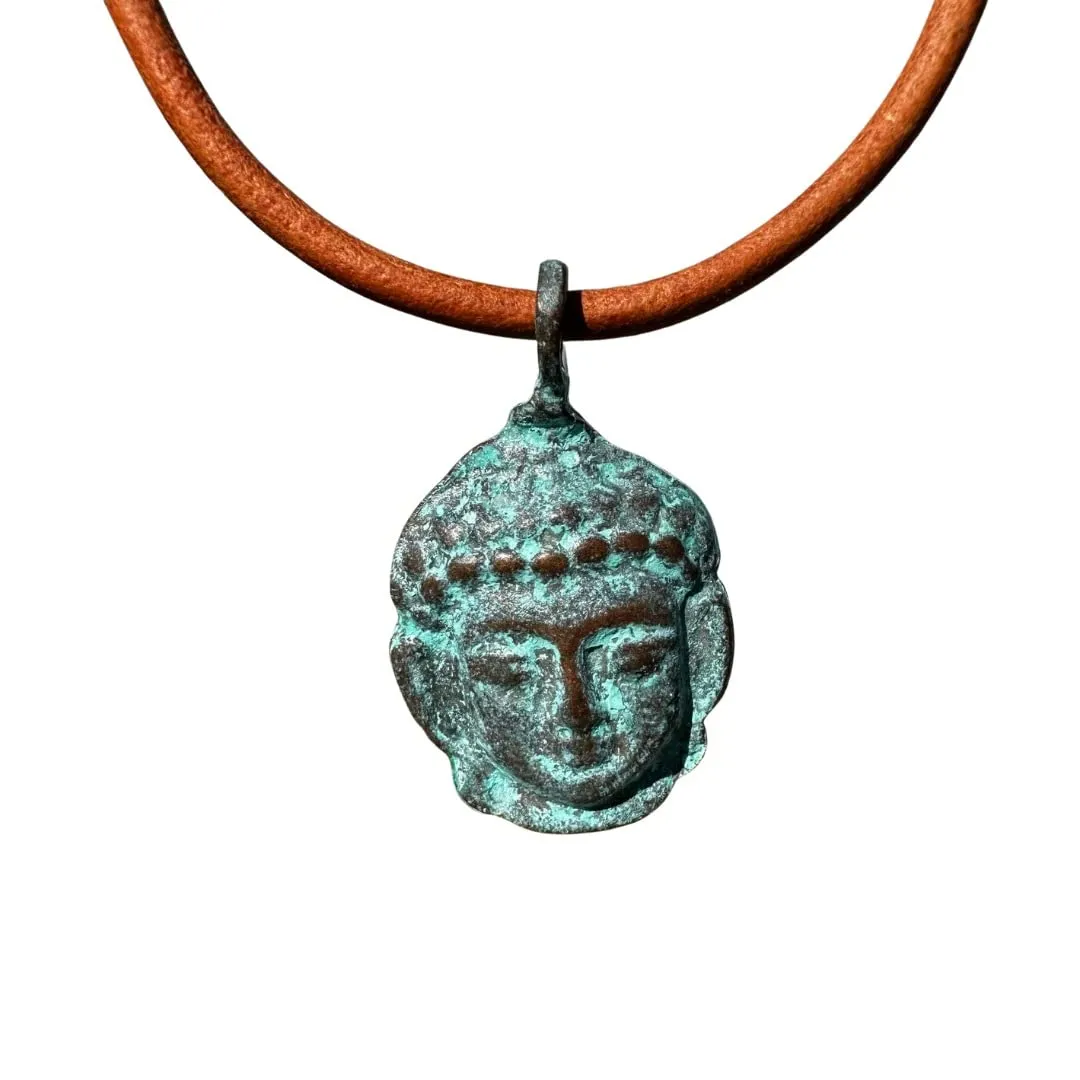 Buddha Head Necklace - Buddhist, Buddhism Jewelry, Green Patina Pendant, Women Accessories, Men Gift, Antique Believes, Enlightening Charm, Good Luck and Peace, Positive Energy, Path of Truth, Buda