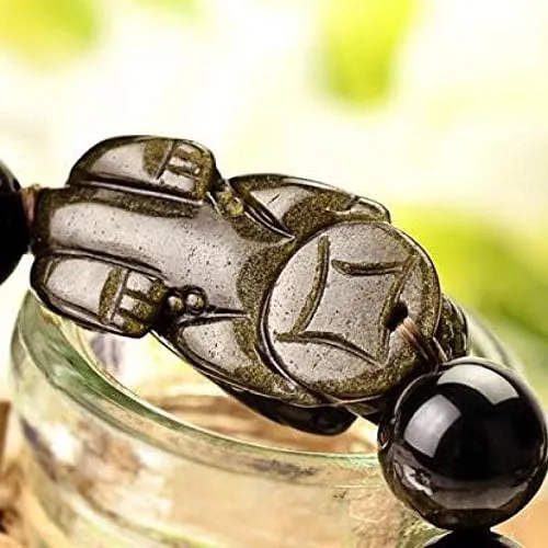 Buddhist Feng Shui Bracelet ~ Pixiu Dragon Good Luck Gold Obsidian Energy Stone Charm in prestige metal Jewelry Box By Fantasy World