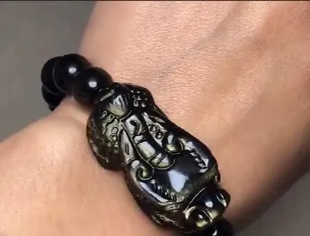 Buddhist Feng Shui Bracelet ~ Pixiu Dragon Good Luck Gold Obsidian Energy Stone Charm in prestige metal Jewelry Box By Fantasy World