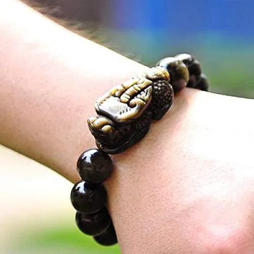 Buddhist Feng Shui Bracelet ~ Pixiu Dragon Good Luck Gold Obsidian Energy Stone Charm in prestige metal Jewelry Box By Fantasy World