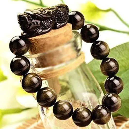 Buddhist Feng Shui Bracelet ~ Pixiu Dragon Good Luck Gold Obsidian Energy Stone Charm in prestige metal Jewelry Box By Fantasy World