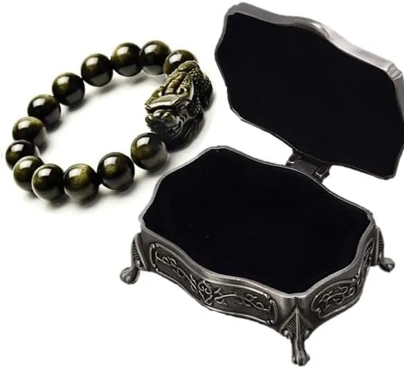 Buddhist Feng Shui Bracelet ~ Pixiu Dragon Good Luck Gold Obsidian Energy Stone Charm in prestige metal Jewelry Box By Fantasy World