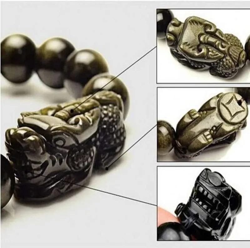 Buddhist Feng Shui Bracelet ~ Pixiu Dragon Good Luck Gold Obsidian Energy Stone Charm in prestige metal Jewelry Box By Fantasy World