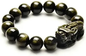 Buddhist Feng Shui Bracelet ~ Pixiu Dragon Good Luck Gold Obsidian Energy Stone Charm in prestige metal Jewelry Box By Fantasy World